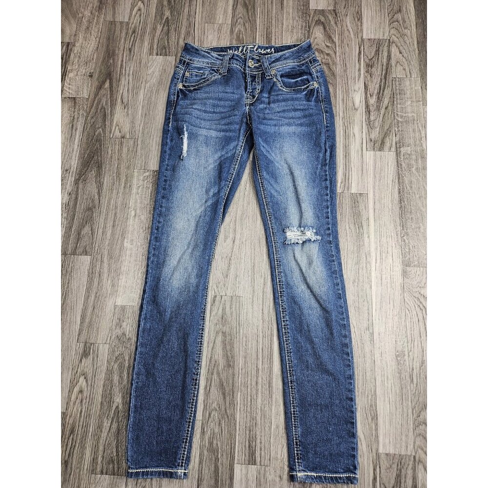 WallFlower Jeans Womens 0 Distressed Straight Leg Mid Rise Embroidered Denim